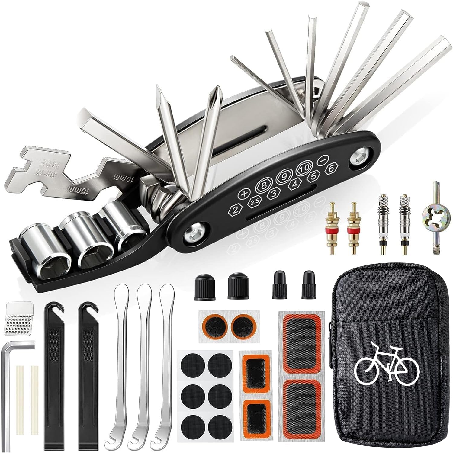 All-in-One Bike Tool Kit & Puncture Repair Kit | Bike Repair Kit with 3 Tyre Levers | for Road, Mountain Bike & BMX | Essential Bike Accessories for Men & Women