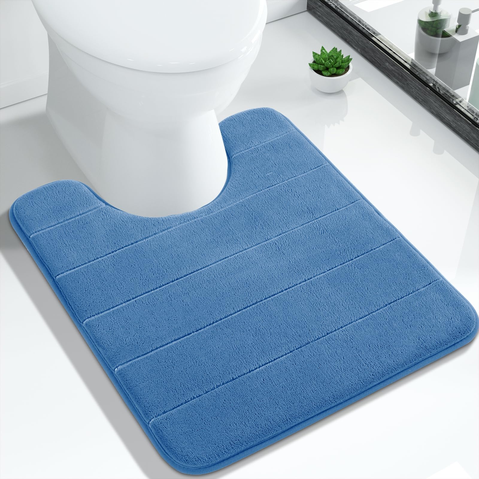Yimobra Bath Toilet Mat 51 x 61 cm, Non-Slip Memory Foam U-Shaped Contour Rug, Soft Comfortable Bathroom Shower Mats, Super Water Absorption, Machine Wash, Easier to Dry for Bath Floor Rug, Blue