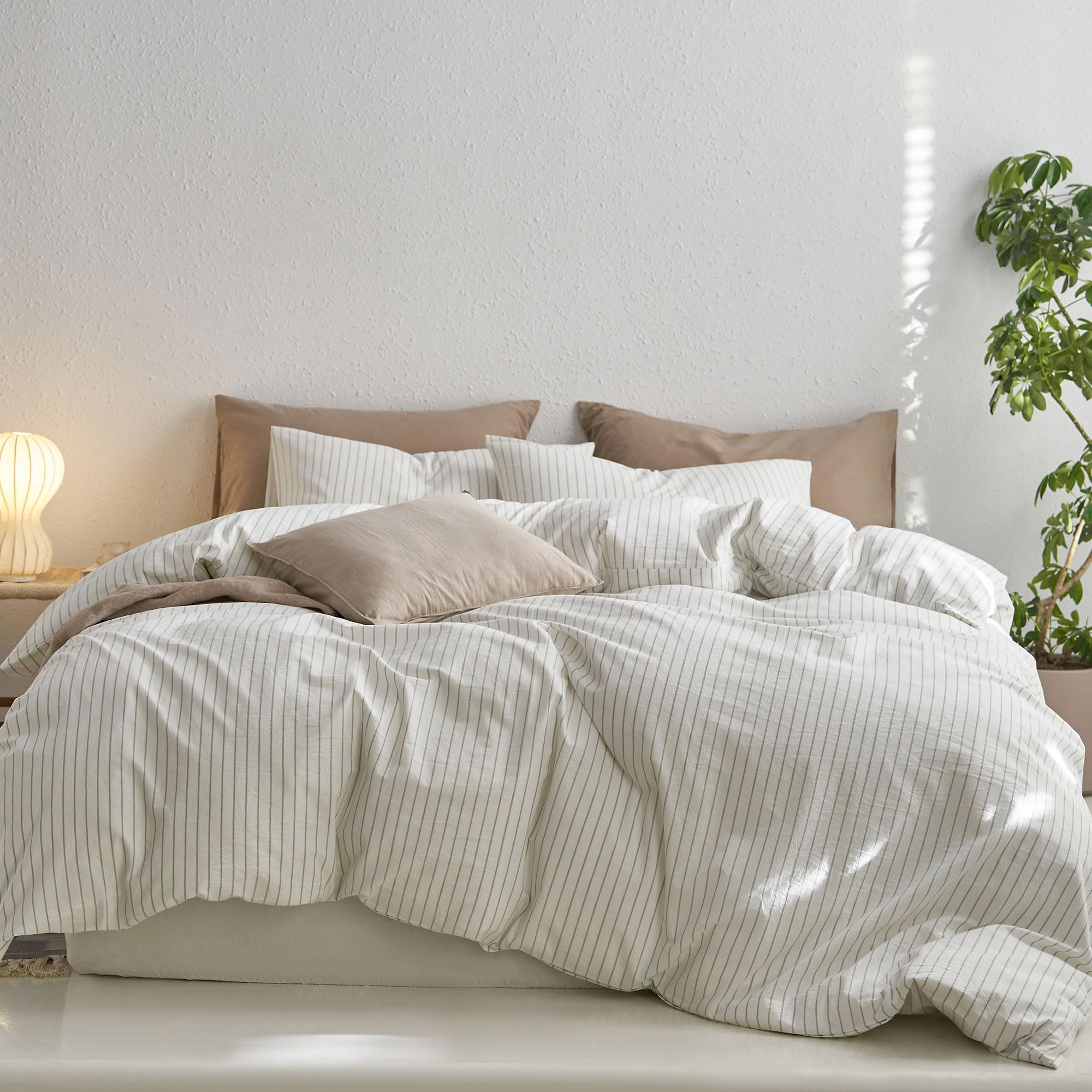 Photo 1 of MooMee Striped Duvet Cover Set 100% Washed Cotton Linen Like Textured Breathable Durable Soft Comfy (White Sage Green Wide Stripes, Oversized Queen 98"x98")