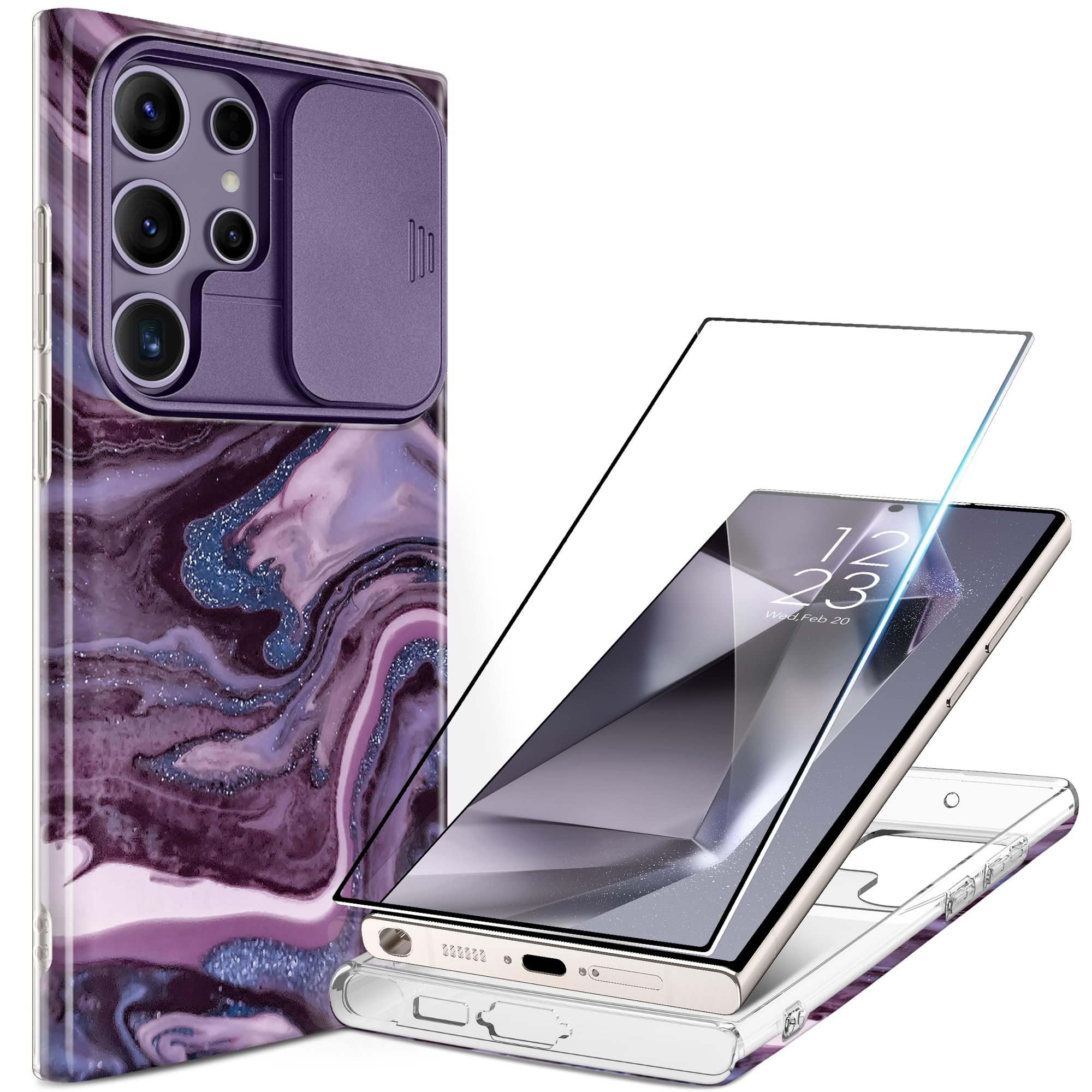 GVIEWIN for Samsung Galaxy S26 Ultra Case, [Slide Camera Cover & Built-in HD Screen Protector] [2 Front Frames] Shockproof Military Grade Protective Marble Phone Case 6.9" (Quicksand)