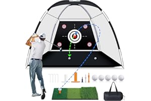 MoKo Golf Net with Practice Mat, 10 x 7 ft Golf Hitting Net for Outdoor Indoor Backyard Driving Chipping Swing Training, All-in-One Multi-Target Training Aid Practice Nets with Tri-Turf Mat