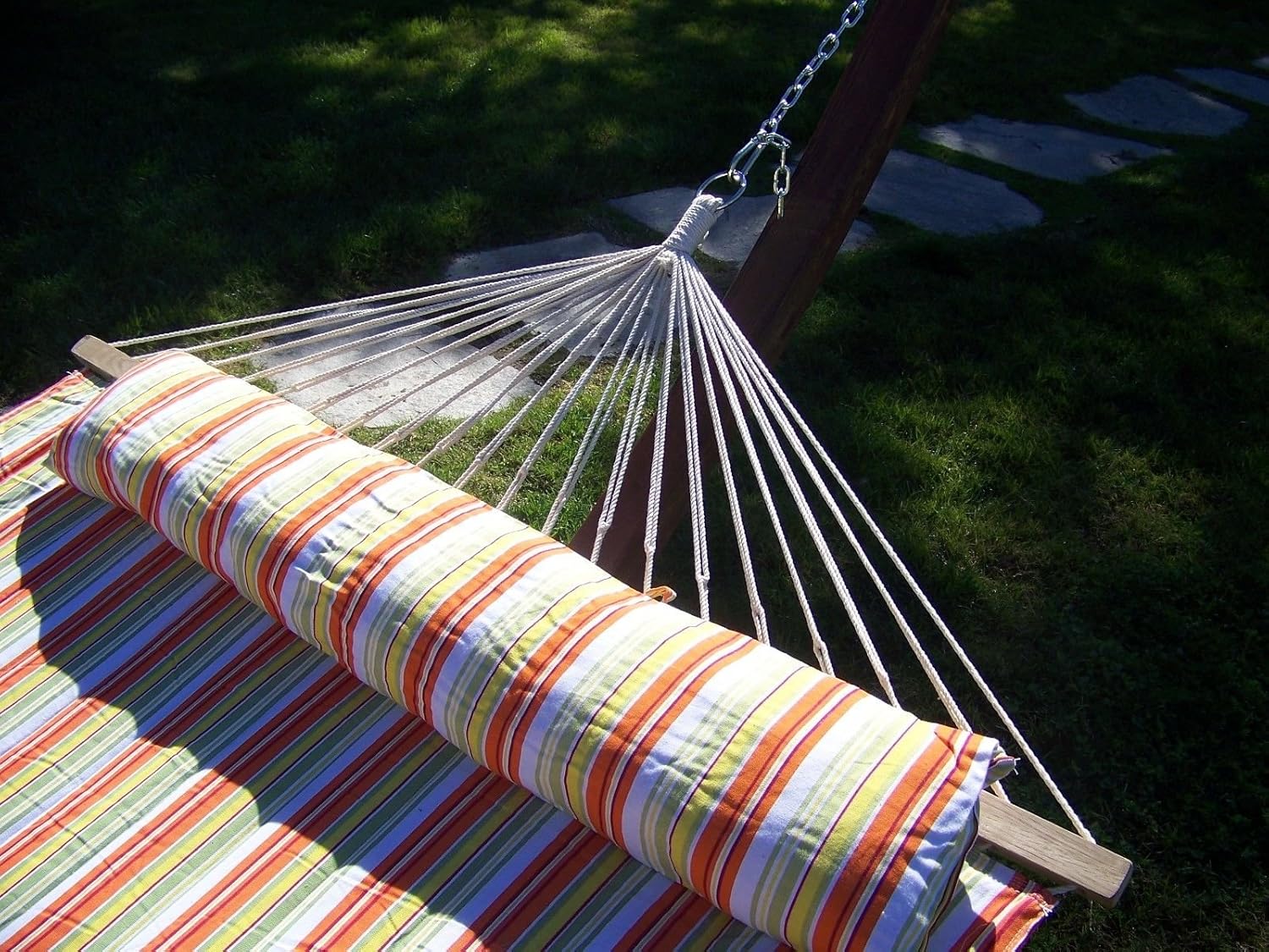 Wooden Arc Hammock Stand 2 Person Bed Petra Leisure 14 Ft Coffee Stain/Elegant Red Stripe 450 LB