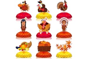 KISSTON 9 Pcs Thanksgiving Party Decorations Turkey Honeycomb Table Centerpieces Friendsgiving Party Decorations 3D Paper Turkey Pumpkin Leaf Figure Honeycomb Standing Tissue for Friendsgiving Home Decor