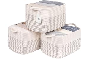 Laughbird Blanket Basket Living Room Cotton Rope Woven Baskets With Handles for Shelves,Toys,Shelf,Cloth Storage Baskets for Nursery Cube Bin,Decorative Storage Organizer Bathroom White/black 3bags