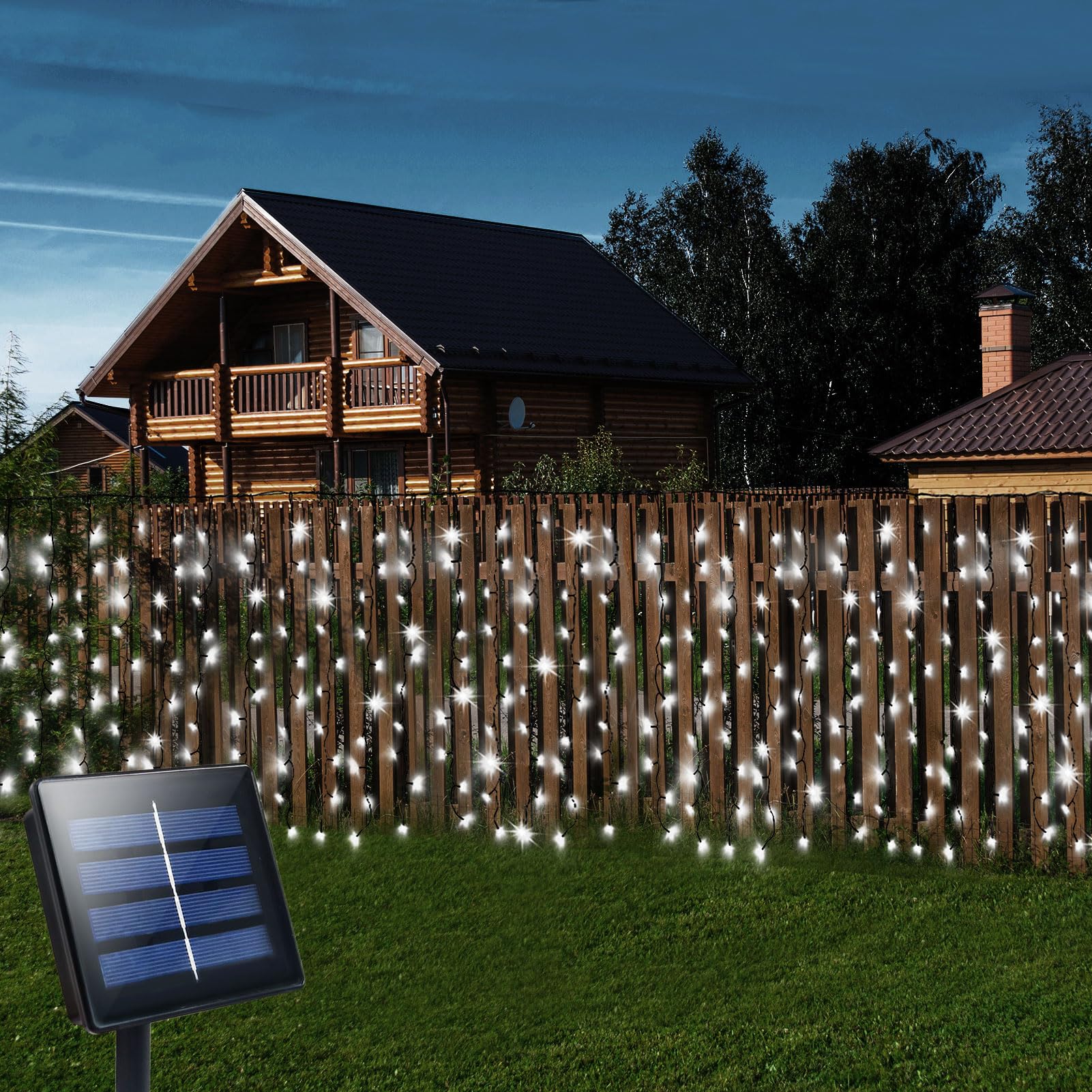 CCILAND Solar Curtain Lights Outdoor 6M x 1M 300 LED Curtain String Lights Green Wire Waterfall Fairy Lights for Bedroom Garden Patio Gazebo Decor - Cool White