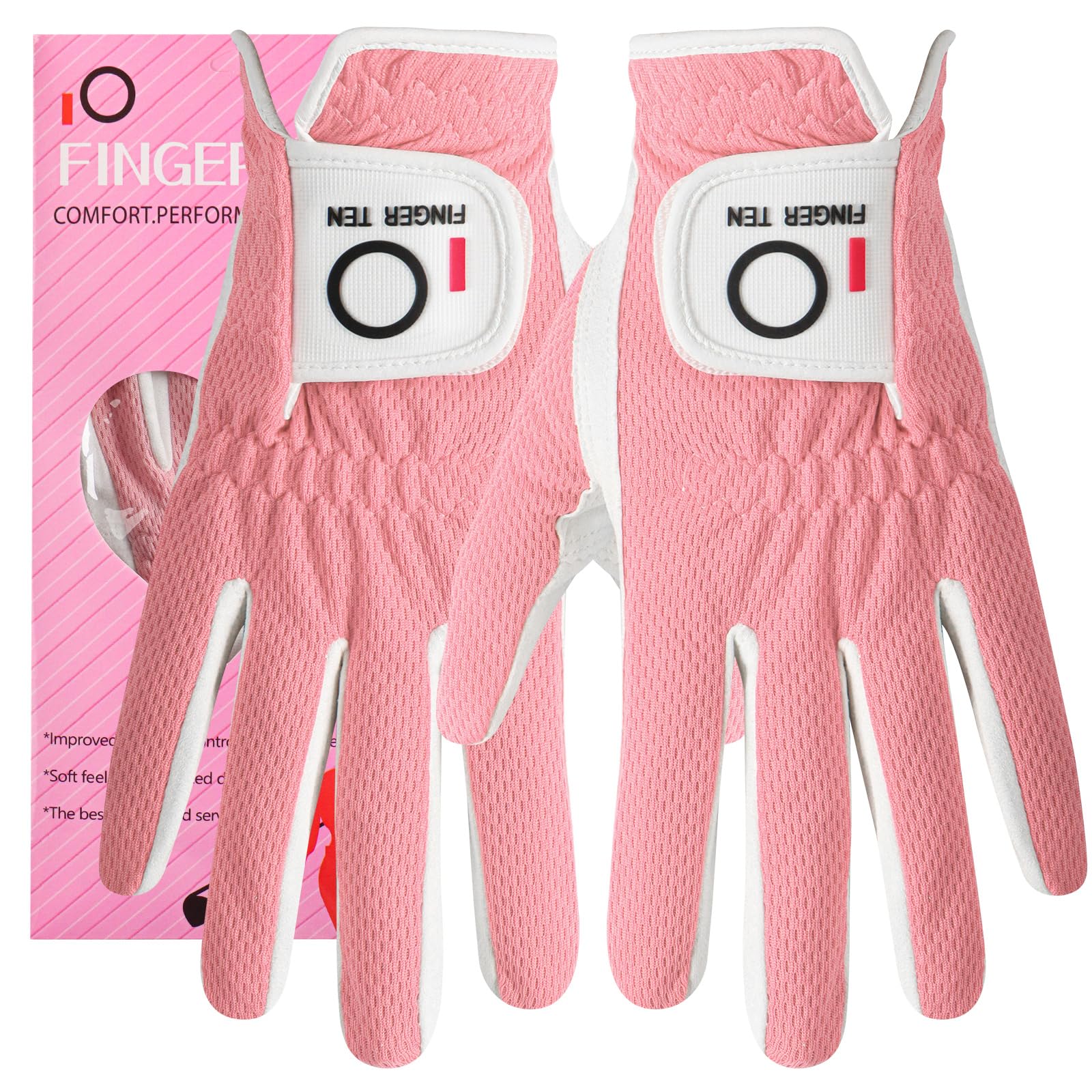 FINGER TEN Women’s Golf Glove Left Hand Right Microfiber Grip Rain Hot Wet All Weather Both Hand Pair, Ladies Golf Gloves Soft Flexible Durable Wear Resistance Good Grip (Pink, L)