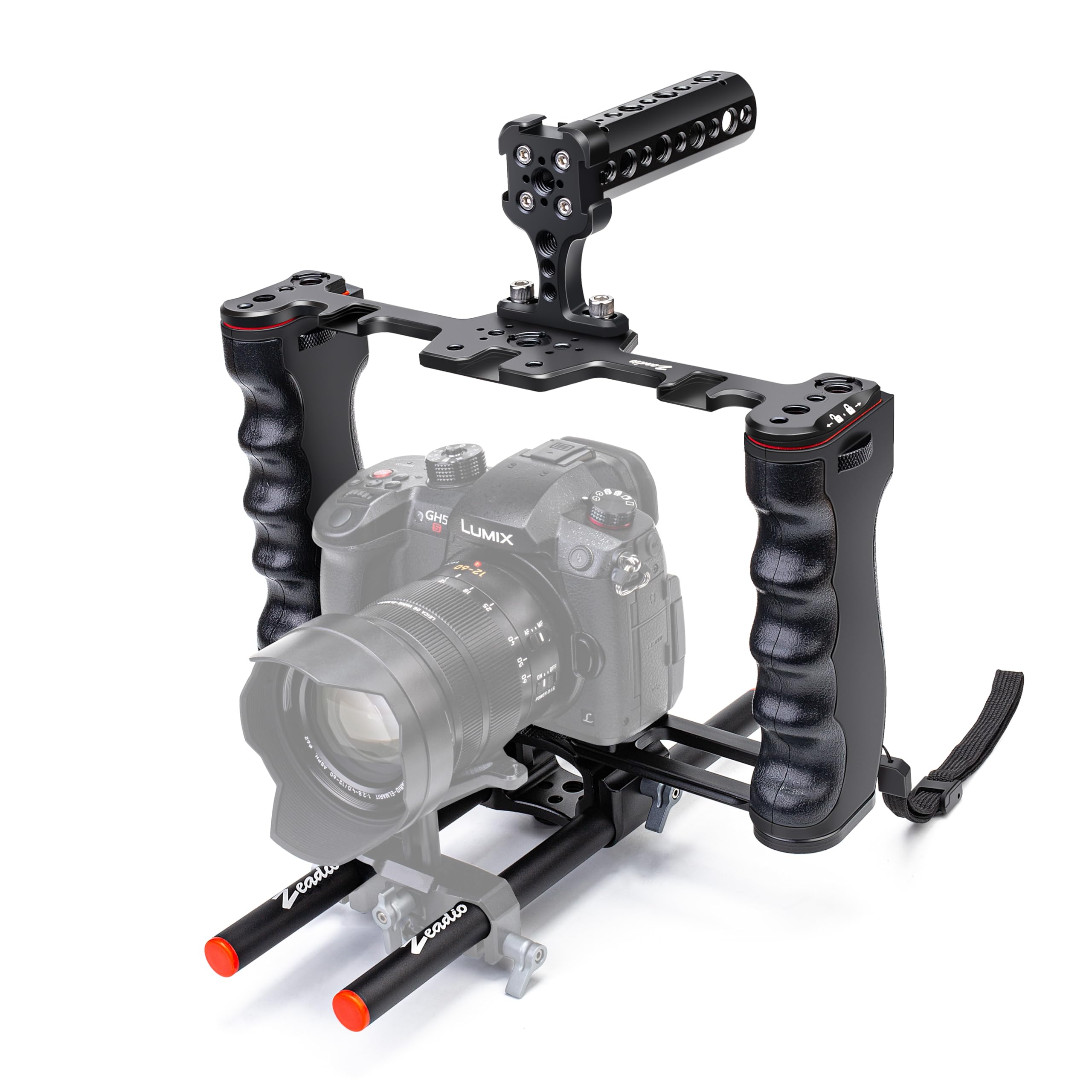 Photo 1 of Zeadio Camera Video Rig Cage, Aluminum Filmmaking Movie Making Kit with Top Handle & Arca Type Base and Two 15mm Rod Guide, Compatible with All DSLR Camera and Camcorder
