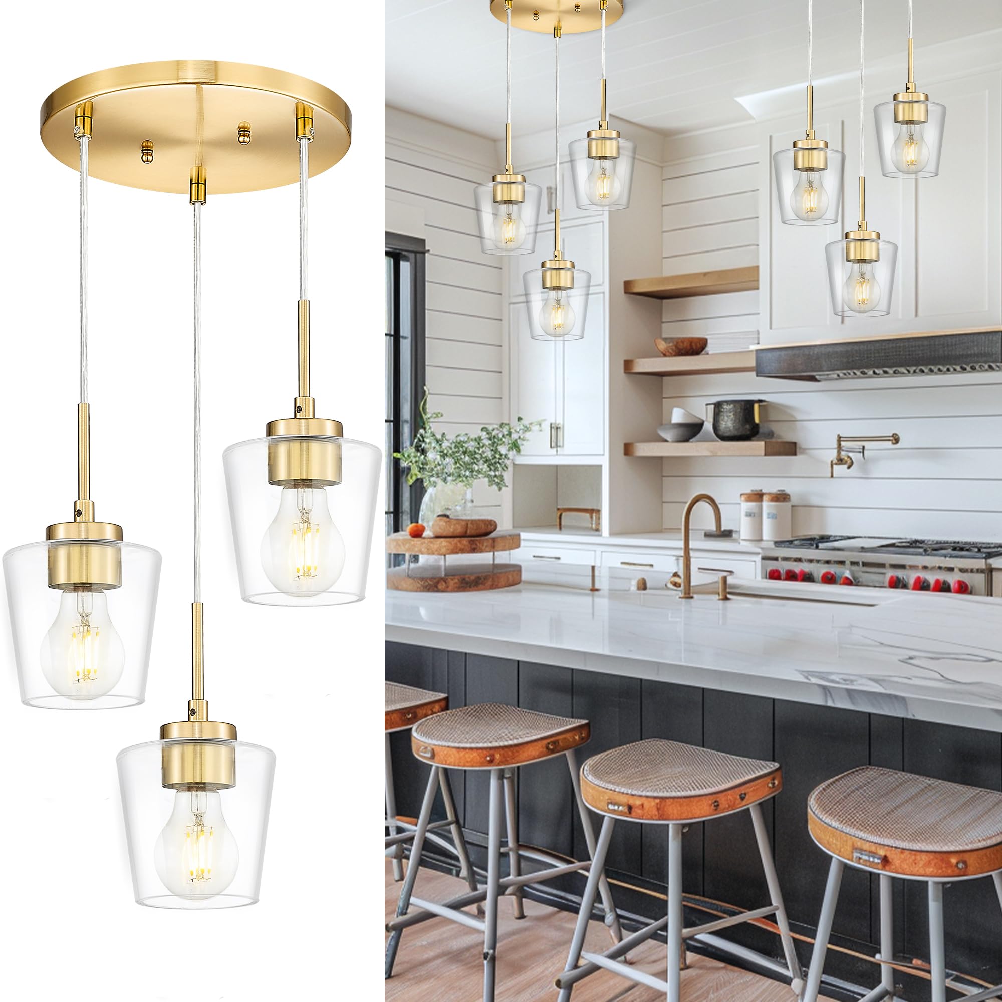 Photo 1 of Audickic 3-Light Pendant Light Fixtures, Brushed Gold Cluster Dining Room Light Fixture Over Table, Adjustable Kitchen Island Lighting with Clear Glass, Farmhouse Hanging Light, AD-22004-3P-GD-C