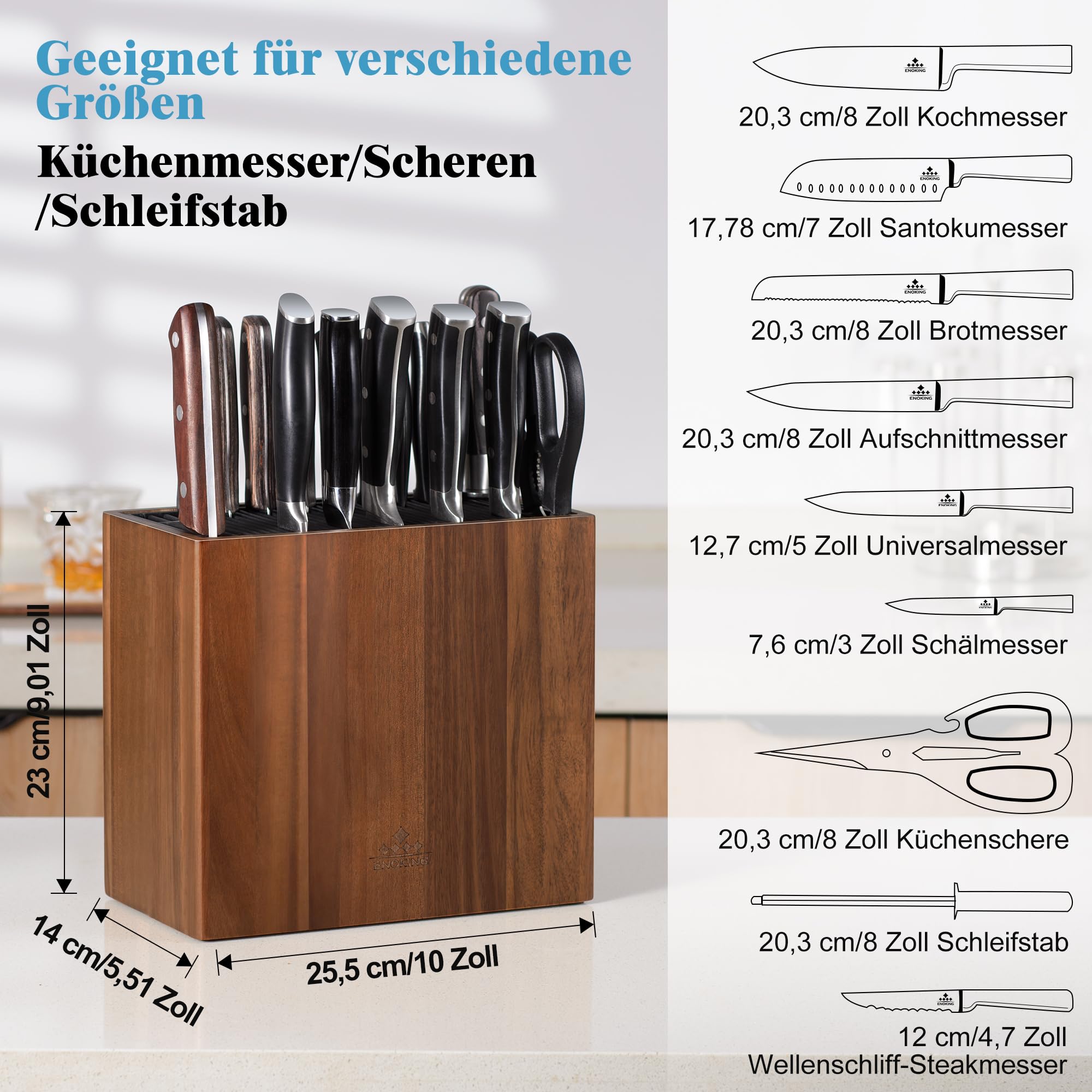 ENOKING Messerblock ohne Messer aus Akazienholz, Universal Messerblock mit Kunststoffdeckel, Hochwertiges Messerhalter für Messer und Geflügelschere/Wetzstahl 5