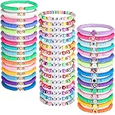 Jadive 48 Pcs Friendship Bracelet for Women Colorful BFF Heart Cute Clay Beads Stretch Bracelets Bulk Elastic Layering Stackable Boho Y2k Beaded Jewelry Set