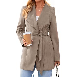 Simplee Womens Faux Suede Tie Waist Lapel Collar Open Front Trench Coat