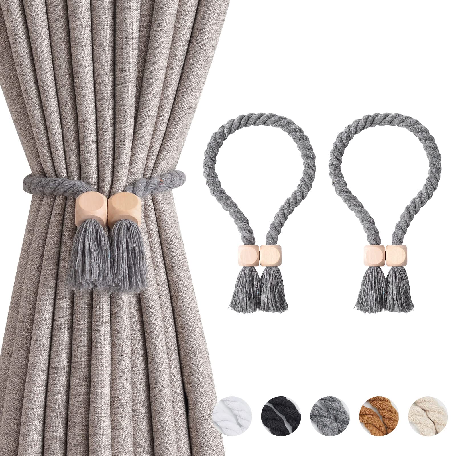 Pretty Jolly 2 Pack Wooden Cube Magnetic Curtain Tiebacks Boho Home Decor Drape Tie Backs Natural Cotton Hand Woven Rope Curtain Holdbacks for Thin & Thick Home & Office Window Draperies (Grey)