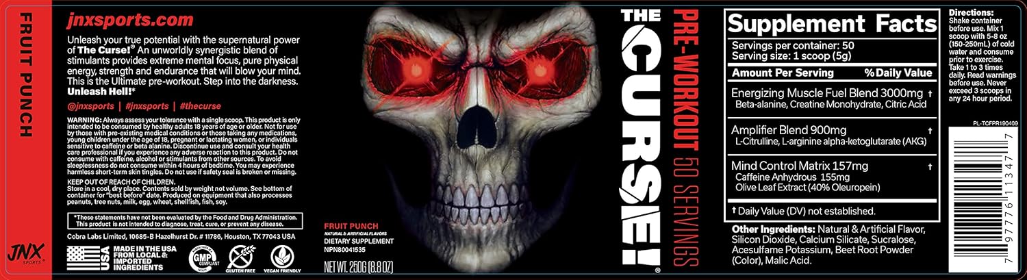 JNX Sports The Curse! Pre Workout Supplement - Intense Energy & Focus, Instant Strength Gains, Enhanced Blood Flow - Nitric Oxide Booster with Creatine & Caffeine - Men & Women | Fruit Punch | 50 SRV: Health & Personal Care