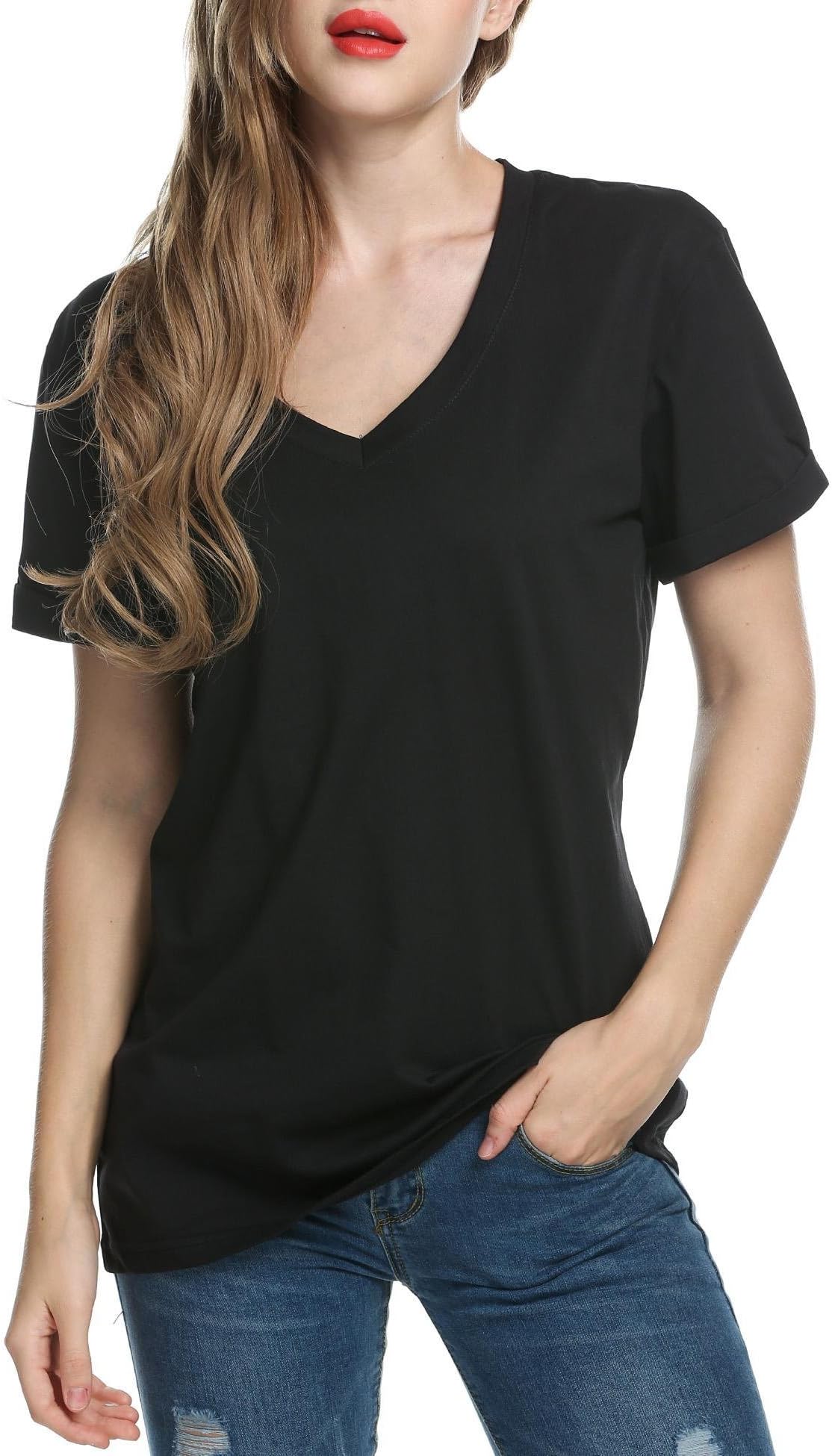 Showyoo Women's V Neck Short Sleeve T Shirts Loose Fit Casual Tee Tops