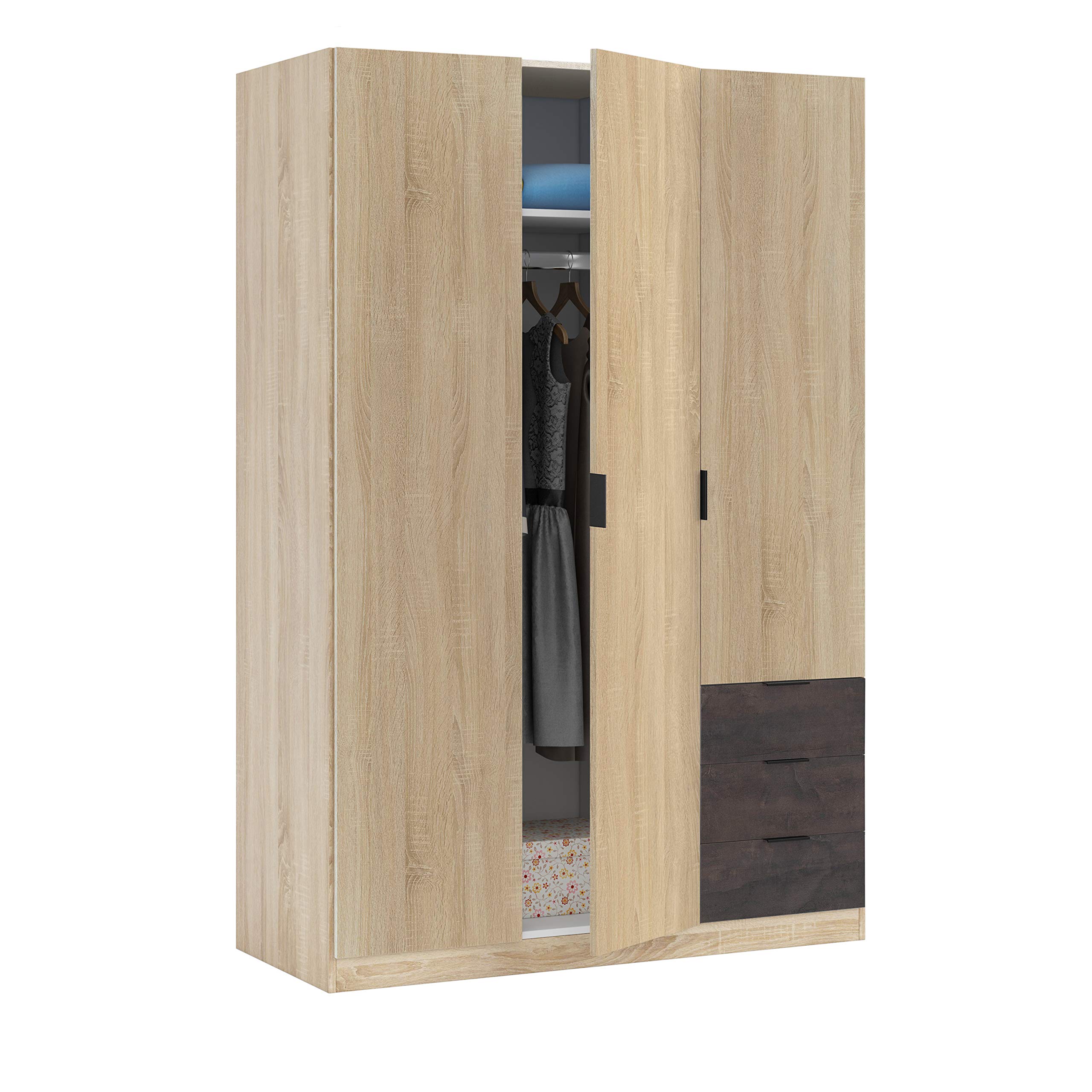 Habitdesign-Armario-Ropero-de-Tres-Puertas-y-Tres-Cajones-Acabado-en-Color-Roble-Canadian-y-Oxido-Medidas-121-cm