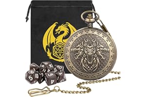 Mini DND Dice Set with Dragon Pocket Watch Shell Case, Coffee Brown