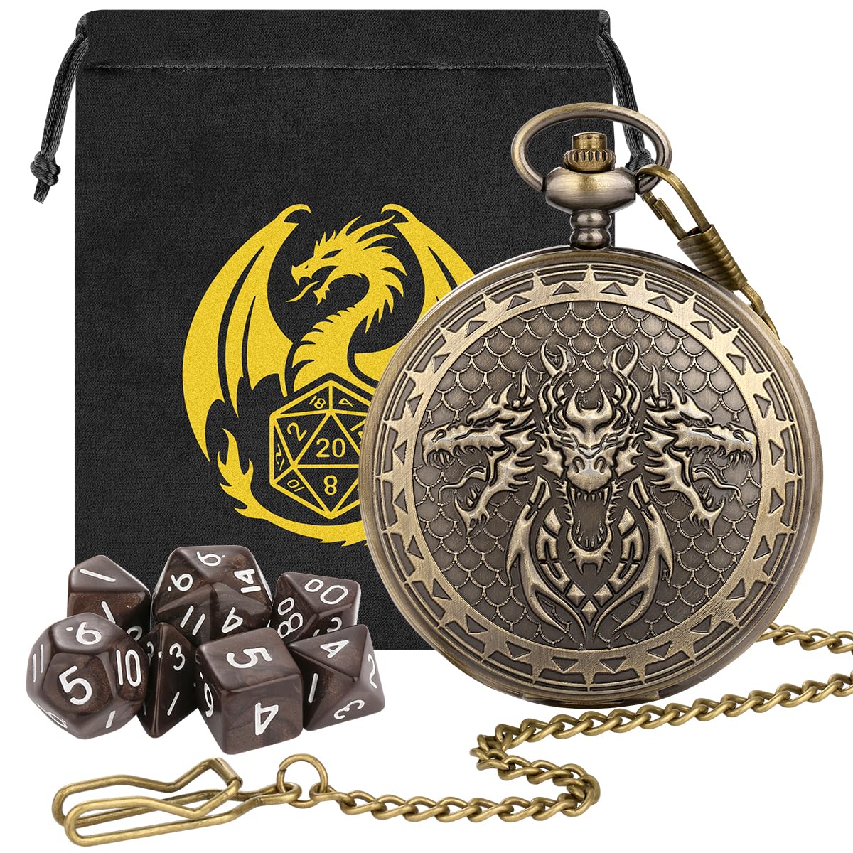 DND Dice Set, 7pcs Small Polyhedral Acrylic DND Dice, Alloy Pocket Watch Shell Case, D&D Starter Set, Role Playing Games Accessories, Dragon Gifts for Men Women, Fantasy Gifts for D&D Fans, Brown Dice — image 1