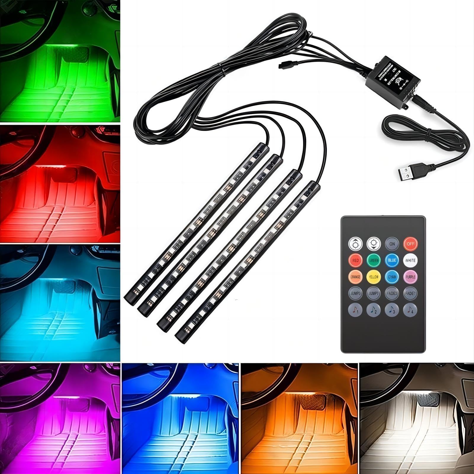 VIFERR Car LED Light Strips, 4pcs Car Interior Lights Music LED Atmosphere Light Kit 48 LEDs Light Strips with Sound-activated and Wireless Remote Control