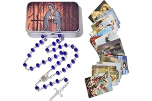 SZQCZB Rosary Crystal Bead Catholic Necklace Holy Soil Medal Cross Crucifix Rosary with Metal Box and 18Pcs Holy Card