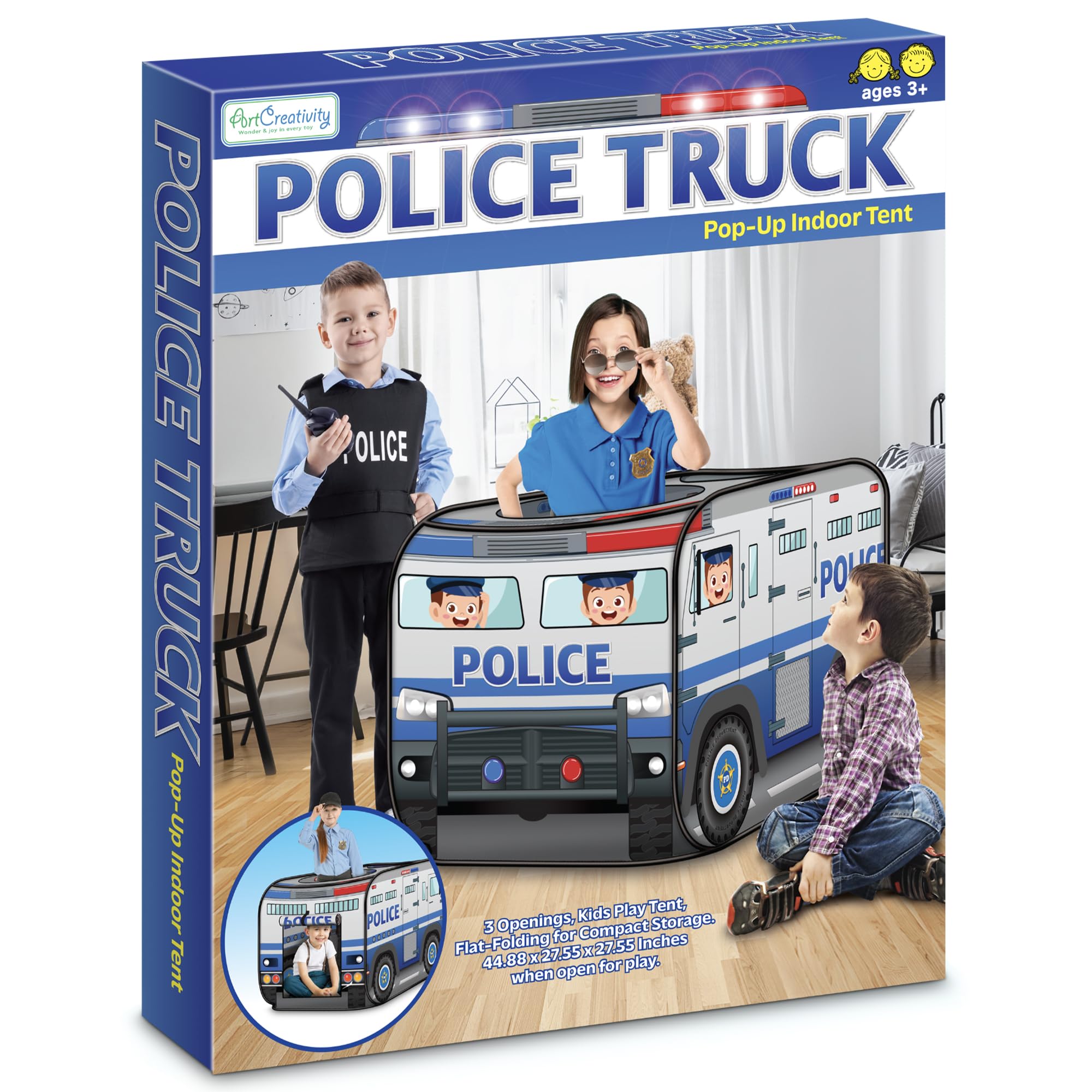 ArtCreativity Police Car Tent with Carry Bag, Pop Up Indoor Truck for Kids, Police Officer Outdoor Playhouse, Flat-Folding Kids Play Tent for Interactive Fun, Compact Storage Vehicle Toy
