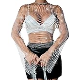 RAMOUG Women's Rhinestone Mesh Crop Top Fishnet Shirt Bikini Cover Up