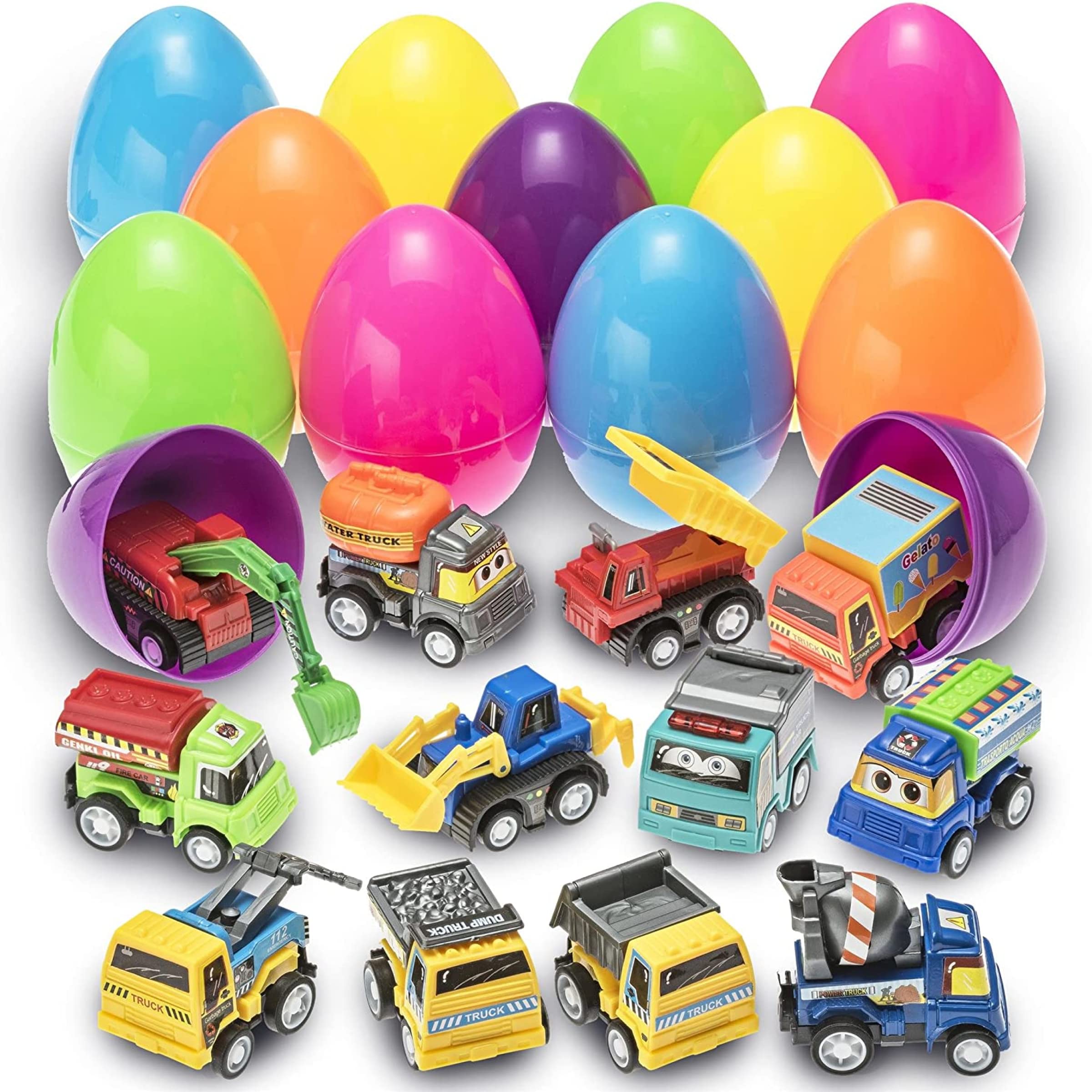 Prextex Easter Toy Eggs Filled with Pull-Back Construction Vehicles - Set Of 12 Eggs for Easter Egg Hunt Kit with Kids, Party Bag Fillers, Easter Gifts and Games