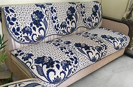 Griiham Premium Reversible 5 Seater Blue Off White Sofa Cover with Gold n Silver Thread (3+1+1) 90% Cotton 10% Polyster