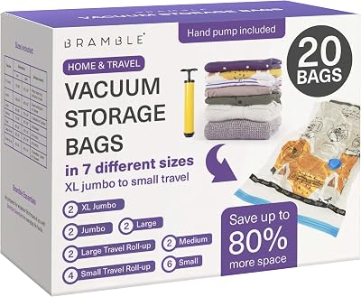 Bramble 20 Pack Vacuum Storage Bags for Clothes, Extra Large & Travel Sizes