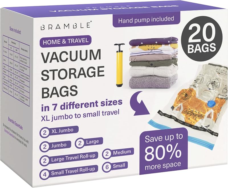 Bramble 20 Pack Vacuum Storage Bags for Clothes, Extra Large & Travel Sizes