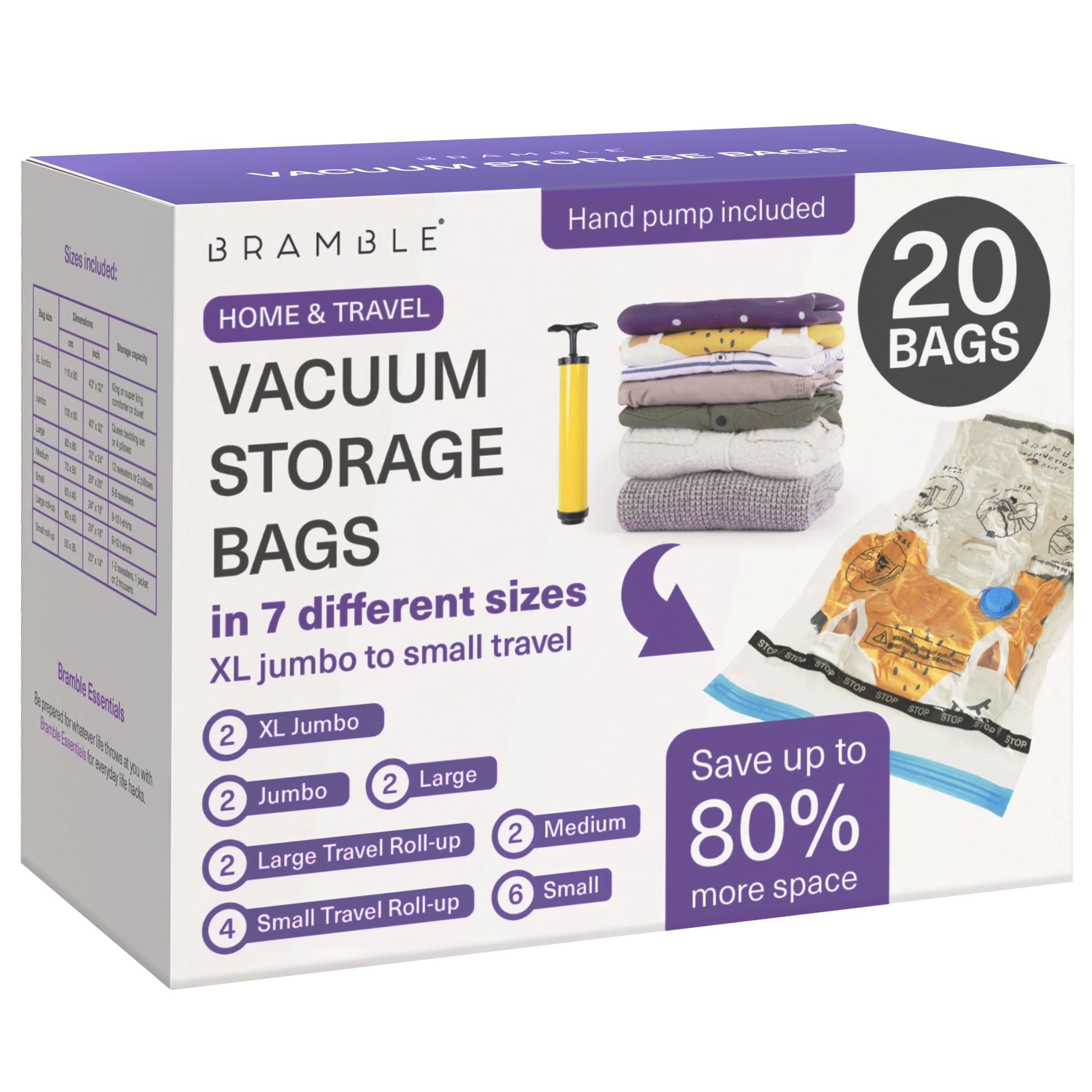Bramble - 20 Pack Vacuum Storage Bags for Clothes - Extra Large Vacuum Bags for Duvets - Travel Space Saver Pack - Includes 7 Different Durable Sizes & Hand Pump Airtight Valve