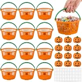 Potchen 12 Pcs Halloween Pumpkin Baskets Bulk Trick or Treat Candy Buckets Plastic Devil Smile Candy Basket with Handle Pumpkin Resin Charms Jack O Lantern for Halloween Party Favors Decorations Gift