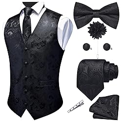 GUSLESON Black Vest Floral Suit Vest Tie and Bow