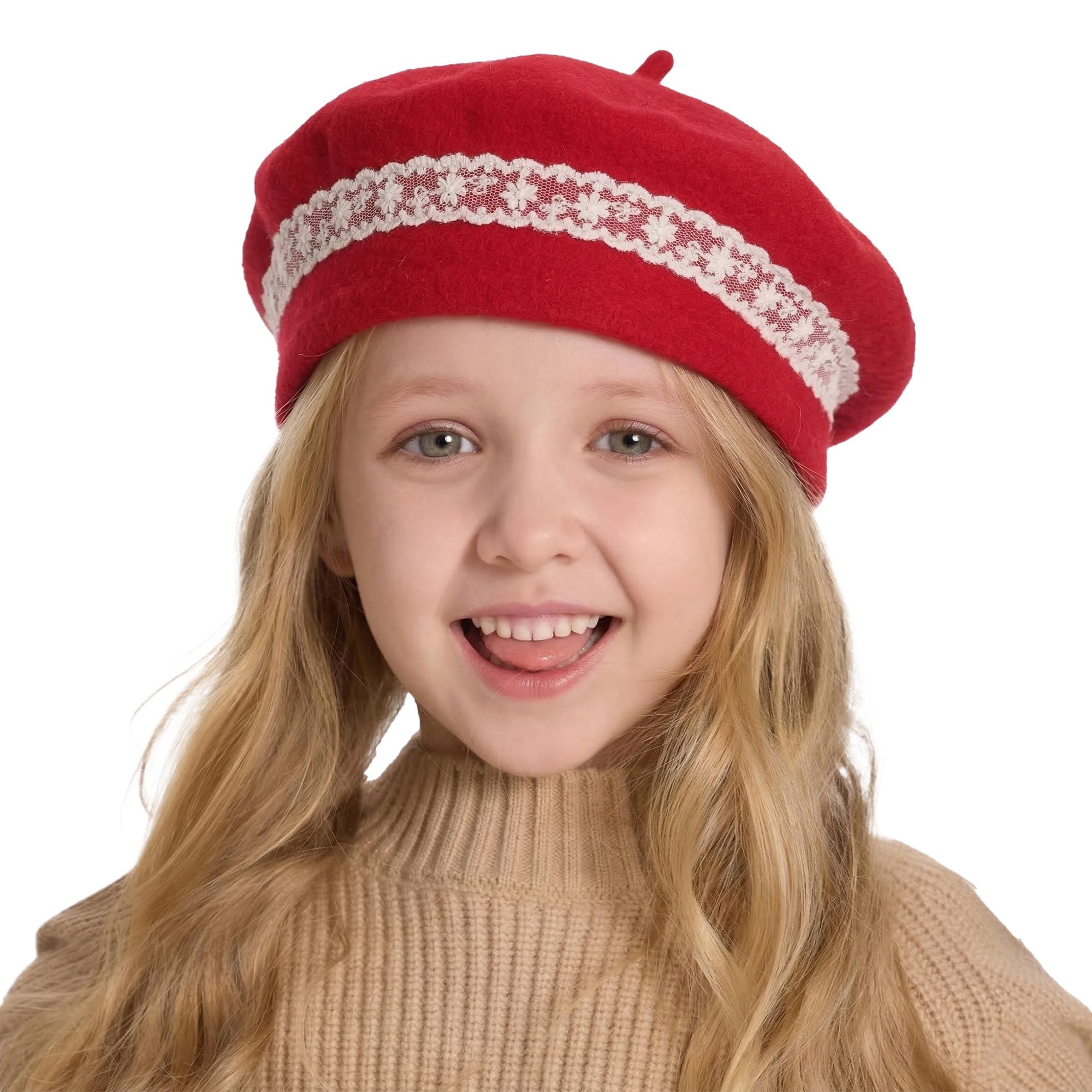 ZLYC Classic Wool Beret Hat for Girls and Boys, Modern French Artist, Lace red, One Size
