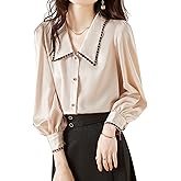 LAI MENG FIVE CATS Women's Contrast Collar V Neck Lantern Sleeve Elegant Blouse Casual Button Tops