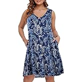 BELAROI Summer Dresses for Women Beach Tshirt Sundress V Neck Casual Swing Tank Dress Swimsuit Cover Ups Pockets