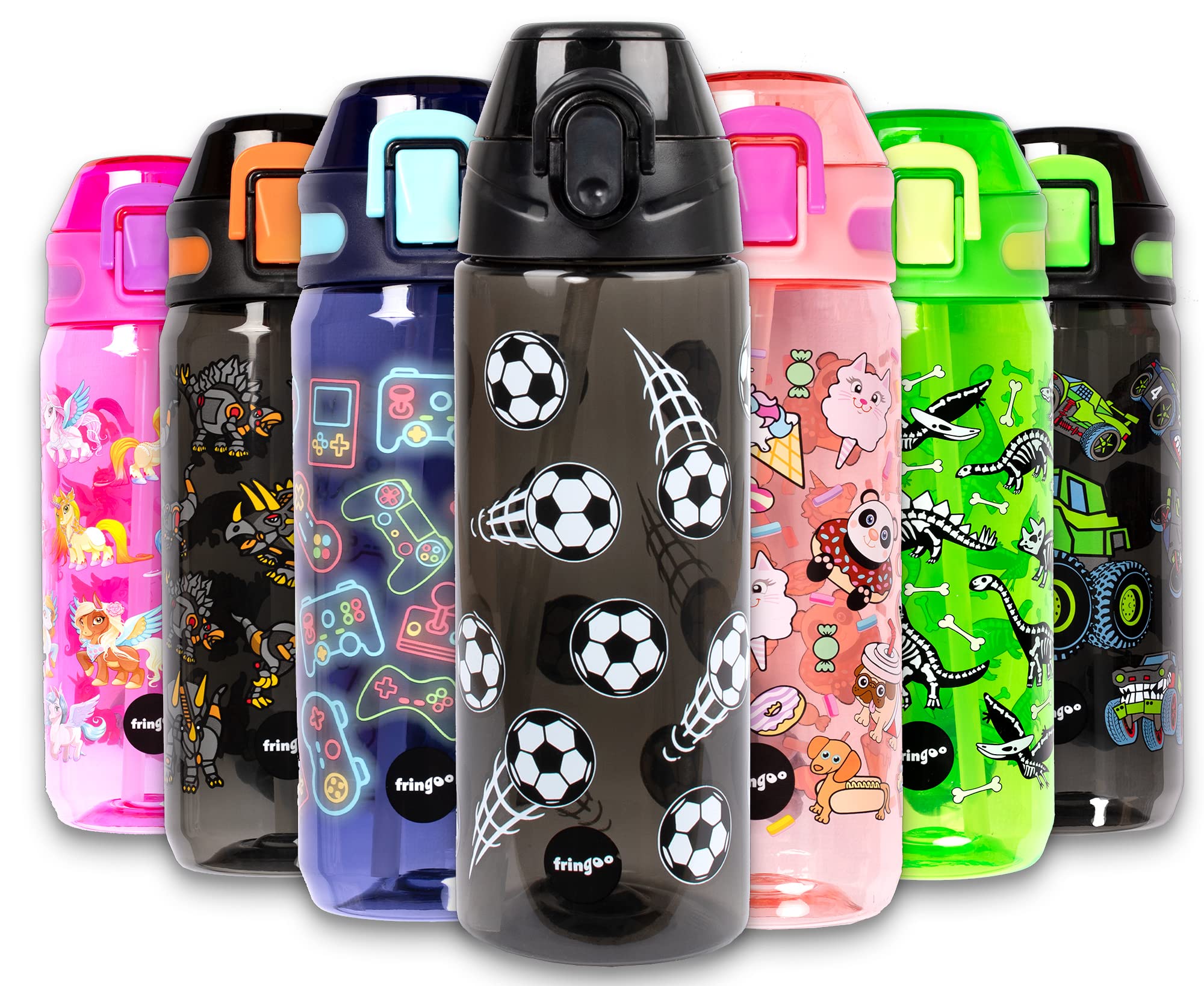 Fringoo - 600ml Kids Water Bottle with Straw & Fliptop Lock - 100% Leakproof - BPA Free 600ml Kids Water Bottle for School - Black Football