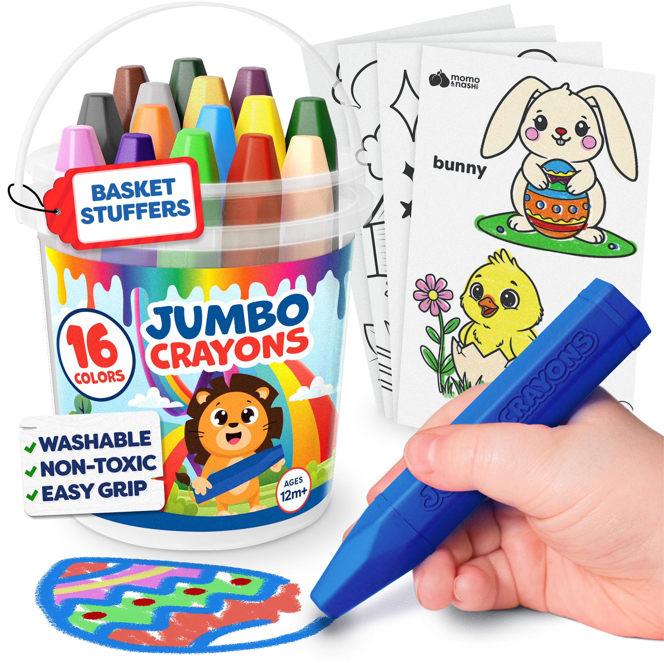 Jumbo Crayons For Toddlers 1-3 - 16pc Toddler Crayons For Kids Ages 4-8 1-3 2-4 - Easter Basket Stuffers for Toddler Coloring - With Printed & PDF Sheets - Non Toxic, Washable, Easy to Grip