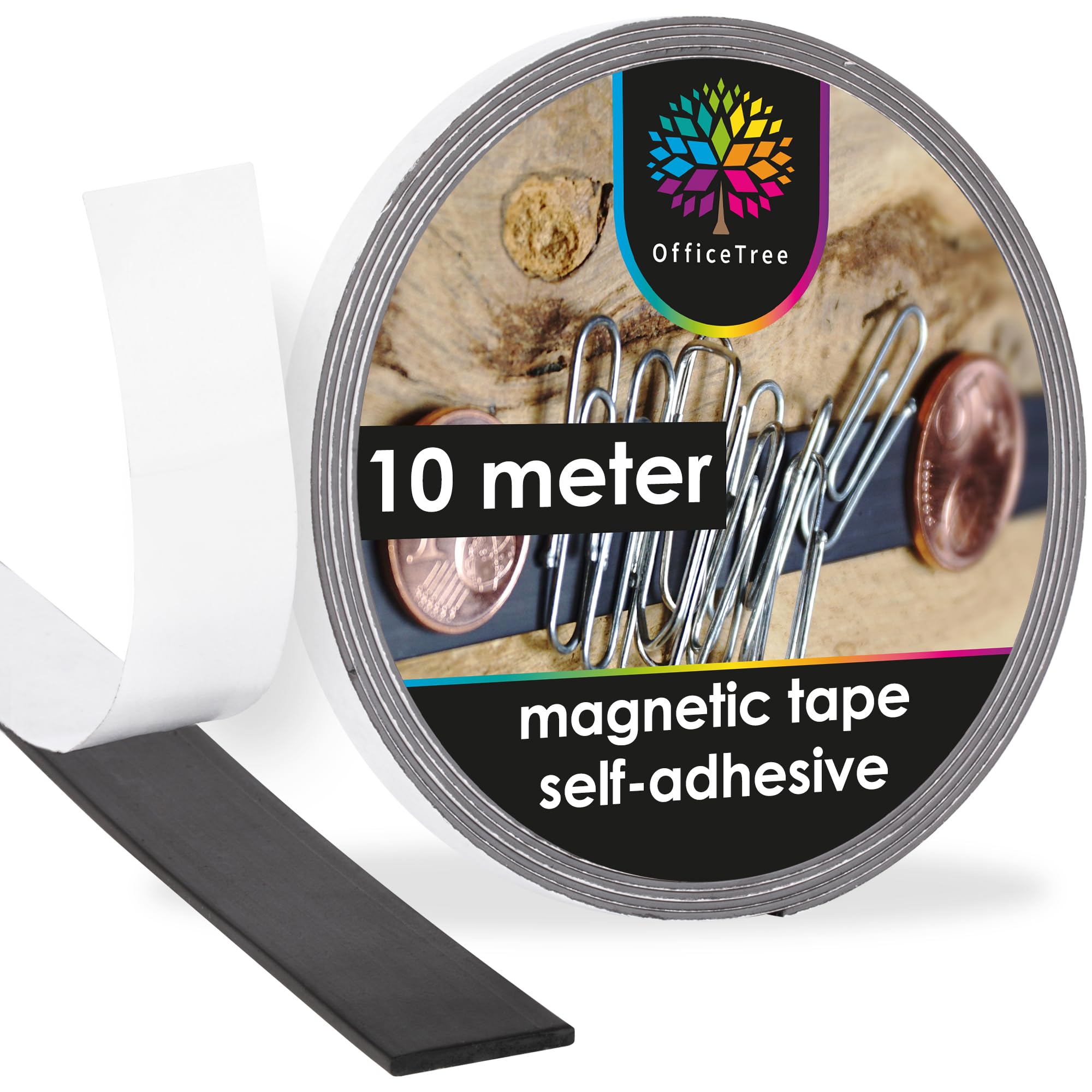 OfficeTree Magnetic Strips Self Adhesive - Magnetic Tape 10 m - Self Adhesive Magnets for Securing Posters, Photos and Paper to The Wall - Magnetic Strips for Whiteboards, Magnet Boards - Black