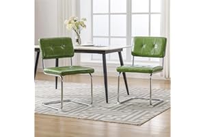 Forevich Mid Century Modern Dining Chairs Set of 2, Leather Kitchen Dining Room Side Chairs Upholstered Armless Accent Chairs with Metal Chrome Legs for Living Room, Bedroom Green