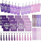 Hollowfly 12 Sets / 48 Pcs Inspirational Appreciation Gifts Thank You for Coworkers, 24 oz Plastic Cup with Lid Straw Notebooks Ballpoint Pens Keychain Associate Appreciation Gifts (Purple)