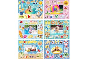 Pajean 24 Pack Summer Photo Frame Craft Kit Pool Party Picture Frame DIY Craft Hello Summer Stickers for Kids School Classroom Aloha Beach Pool Theme Party Gifts Game Supplies(Pool)