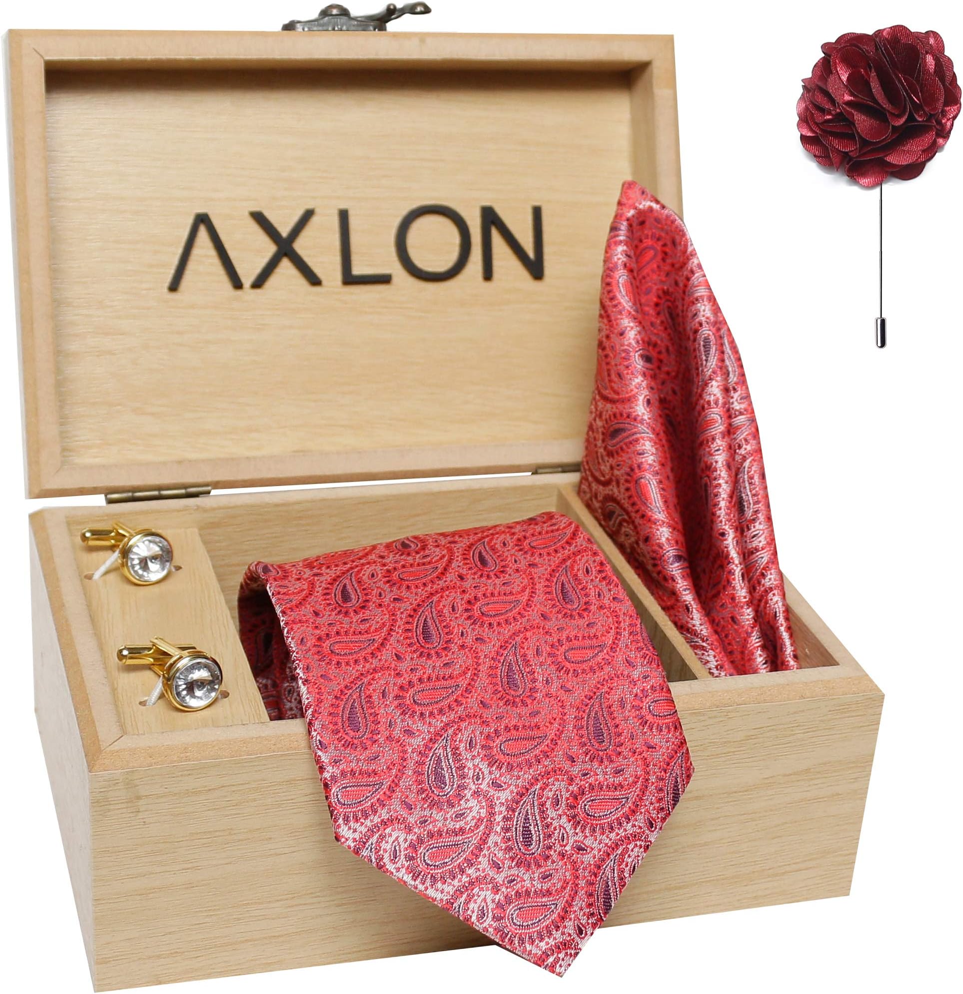 Axlon Tie for Men – Micro Silk Neck Ties Set with Cufflinks Flower Pin, Pocket Square & Black Gift Box, Combo Necktie Sets for Office Wear, Formal Suits & Weddings (Red, Tie-140)