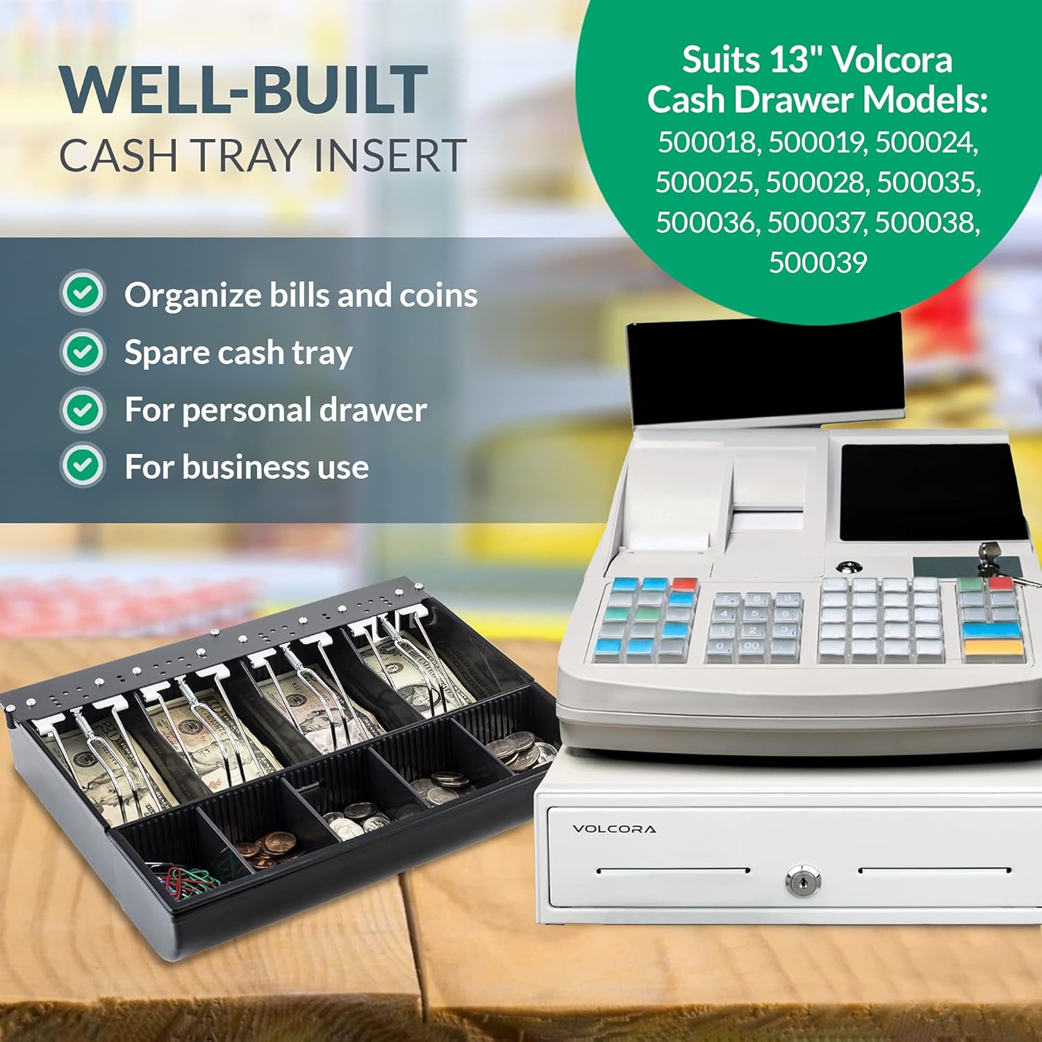 Cash Drawer Tray - 11.7 x 10.3 x 2.3 Inch Cash Register Insert - 4 Bill / 5 Coin Replacement Cash Tray for Volcora 13” Fully-Removable Drawers - Stainless Steel Currency Compartment Money Storage : Office Products