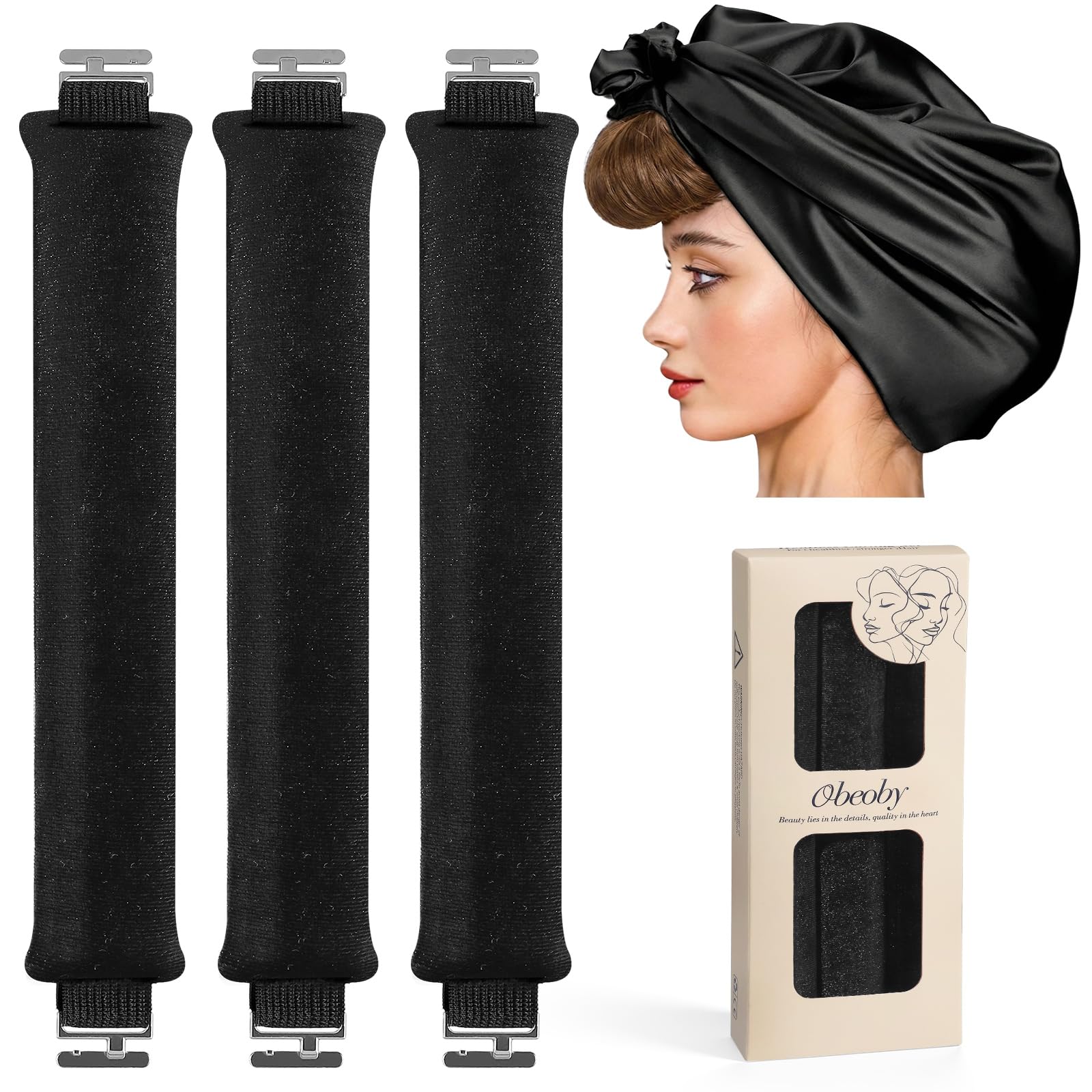 Photo 1 of Heatless Curlers, Heatless Curls Overnight Set for Women, No Heat Hair Curlers to Sleep In, Jumbo Overnight Curls with Blowout Rods for Long Hair (Black, 3 Pack Curling Rod with 1 Scarf)