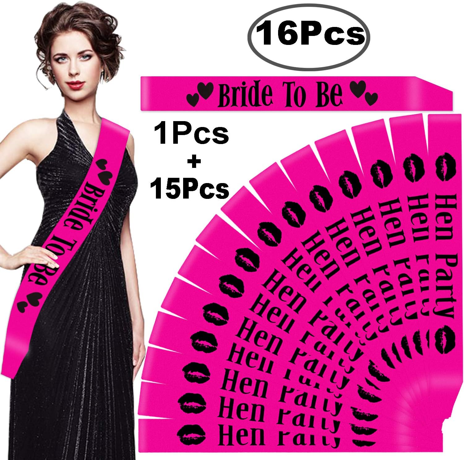 Outee Hen Party Sashes, 16 Pcs Pink Hen Party Sash Hen Night Accessories Bride to Be Sash Brides Hen do Accessories Hen Party Pack Accessories
