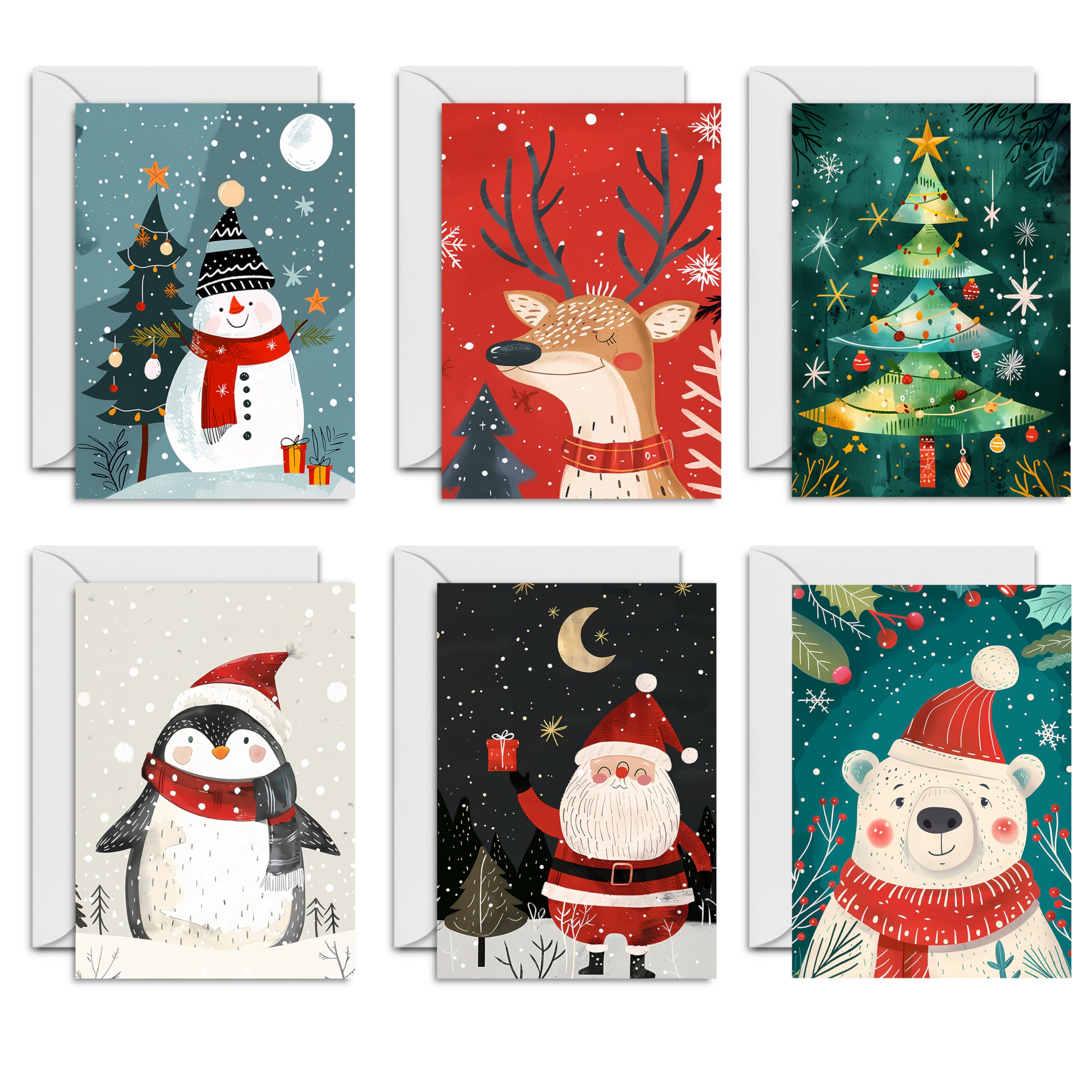 Christmas Cards Multipack - Seasonal Festive Drawings - 24 Pack of Christmas Cards and Envelopes for Boys Girls Children Friends Family, 145mm Happy Xmas Greeting Card Box