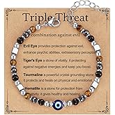 SKIRIFLA Triple Threat Protection Anxiety Relief Gifts for Women,Natural Healing Crystal Bracelet Evil Eye Jewelry for Her Friends