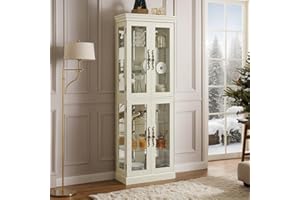 Eyisean Lighted Glass Display Cabinet, 71" Curio Cabinet with Adjustable Glass Shelves Vintage, Light Bulb Included, China Cabinet with 6 Shelves for Living Room (White)