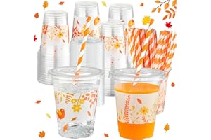 G1ngtar 50Pcs Fall Party Plastic Cups - 12 Oz Autumn Wild Flowers Disposable Clear Cups with Straws and Lids, Drinking Beverage Cups for Birthday Thanksgiving Harvest Party Supplies Decorations