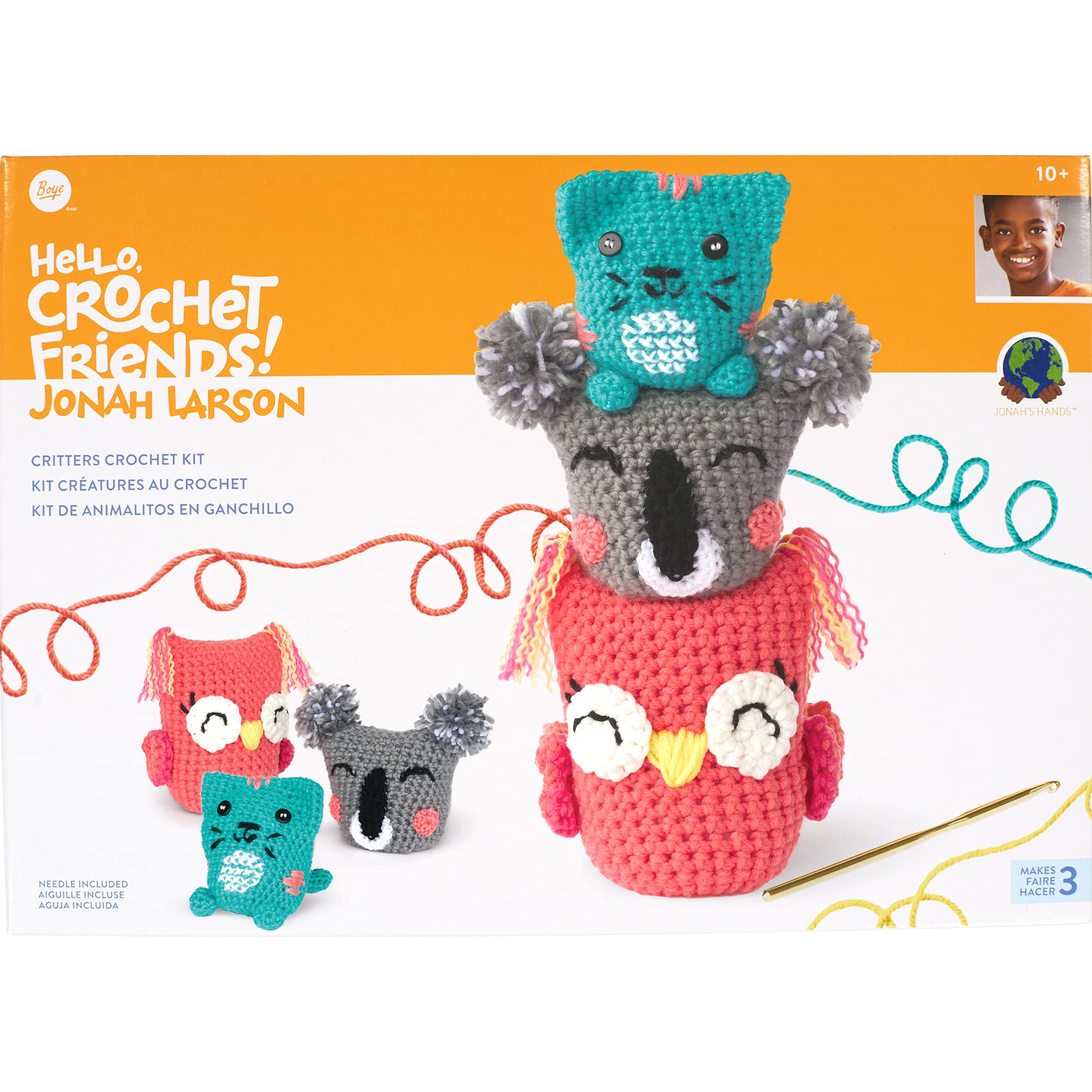 Boye Jonah's Hands Cute Critters Beginners Crochet Kit for Kids and Adults, Makes 3 Animals, Multicolor 10 Piece — image 1